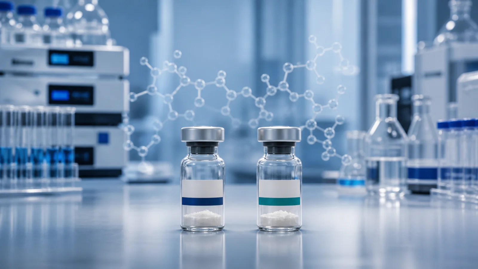 Two research vials shown side by side in an analytical laboratory