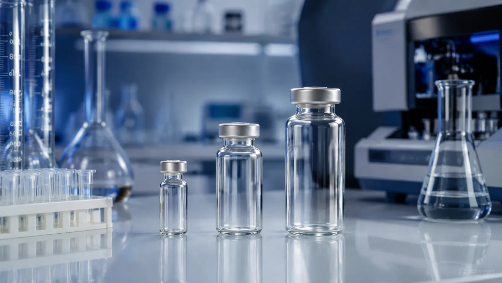 Three unlabeled laboratory research vials arranged by physical size beside calibrated glassware