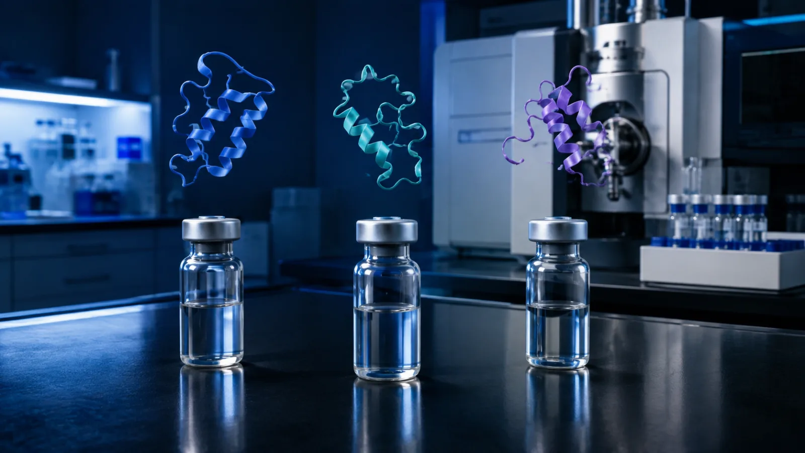 Three unlabeled research vials arranged for a laboratory comparison with abstract peptide structures