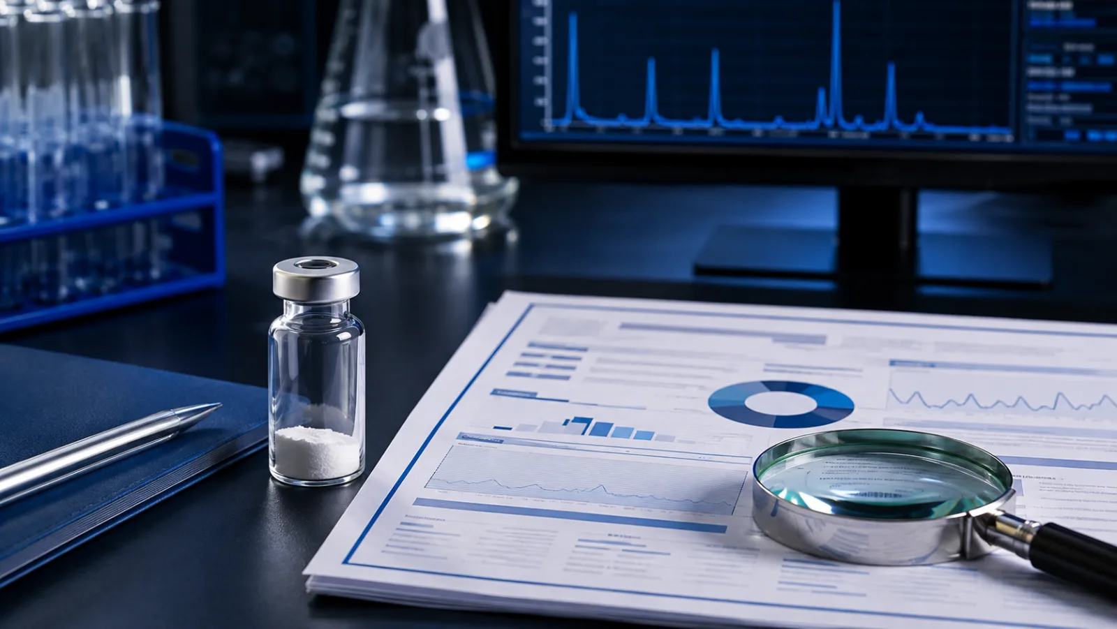 Laboratory COA documentation reviewed beside an unlabeled research vial and analytical equipment