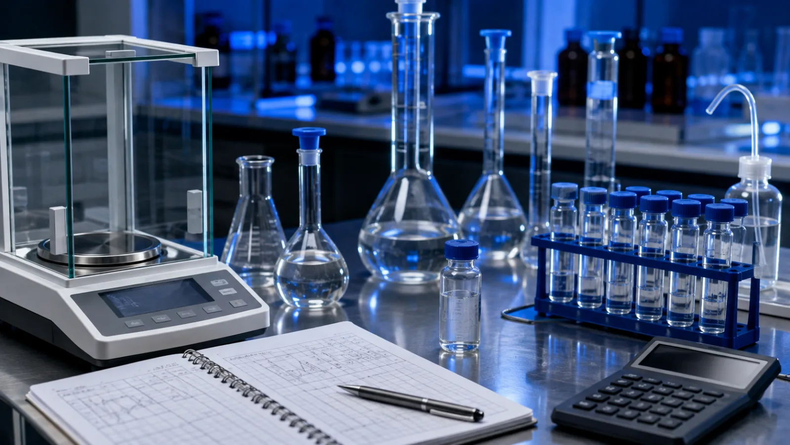 Laboratory measurement workspace with calibrated glassware, precision balance, records, and an unlabeled vial