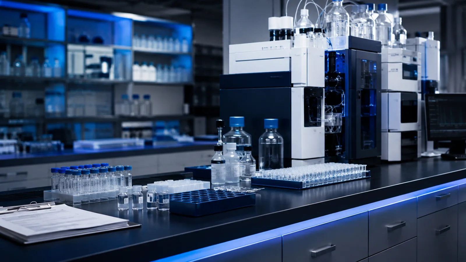 Organized analytical laboratory workflow with sample racks, unlabeled vials, records, and chromatography equipment