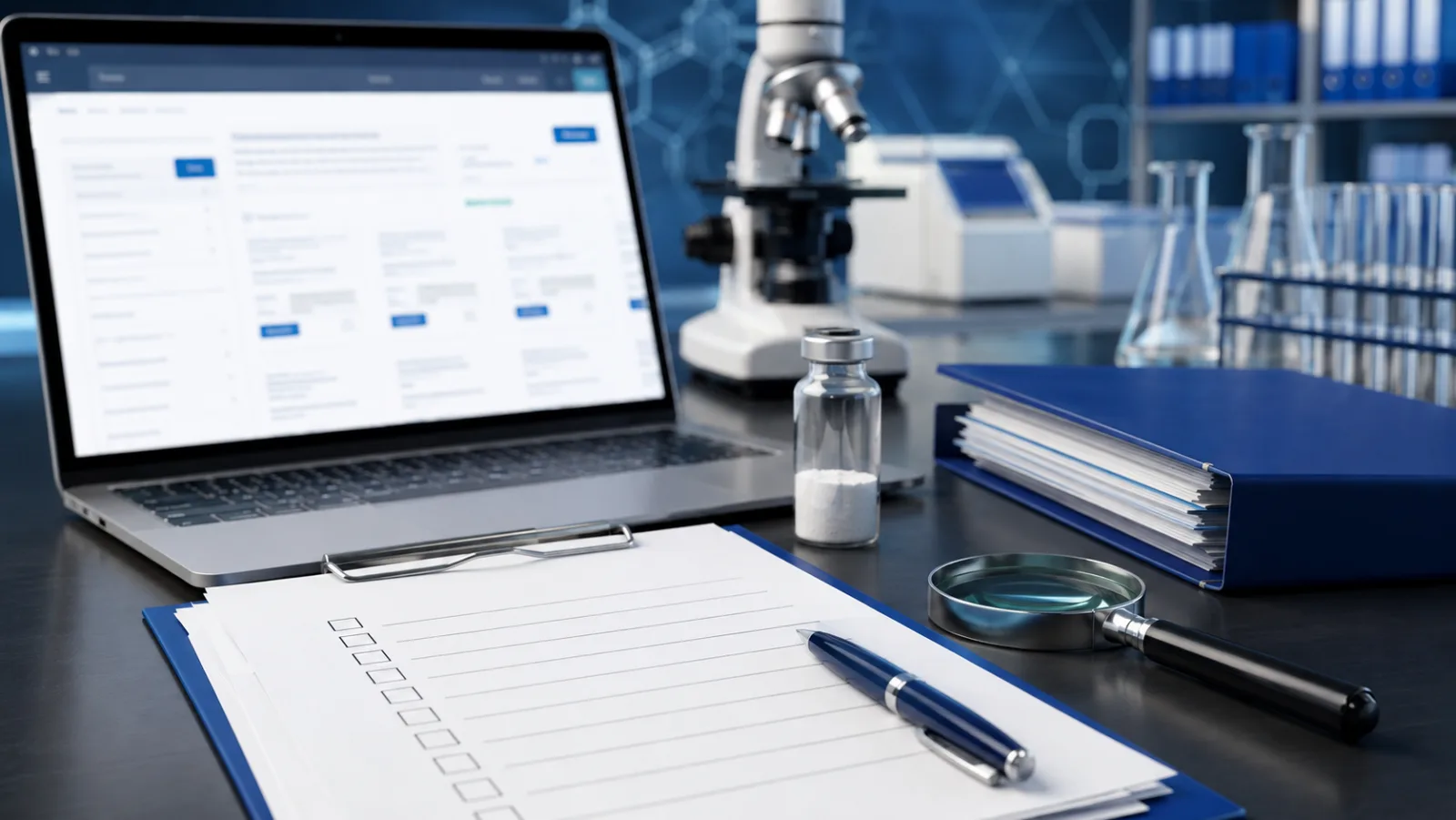 Research procurement review desk with an unlabeled vial, documentation, checklist, and laboratory instruments