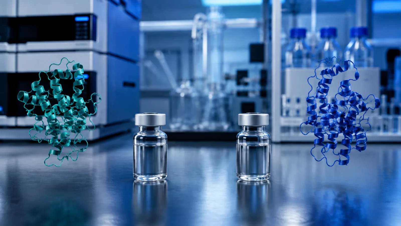 Two unlabeled research vials arranged for a laboratory comparison of Retatrutide and Tirzepatide