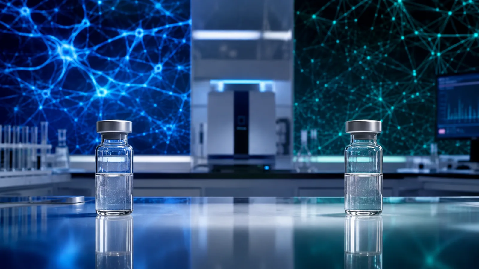 Two unlabeled research vials compared in a neuroscience laboratory with abstract network patterns