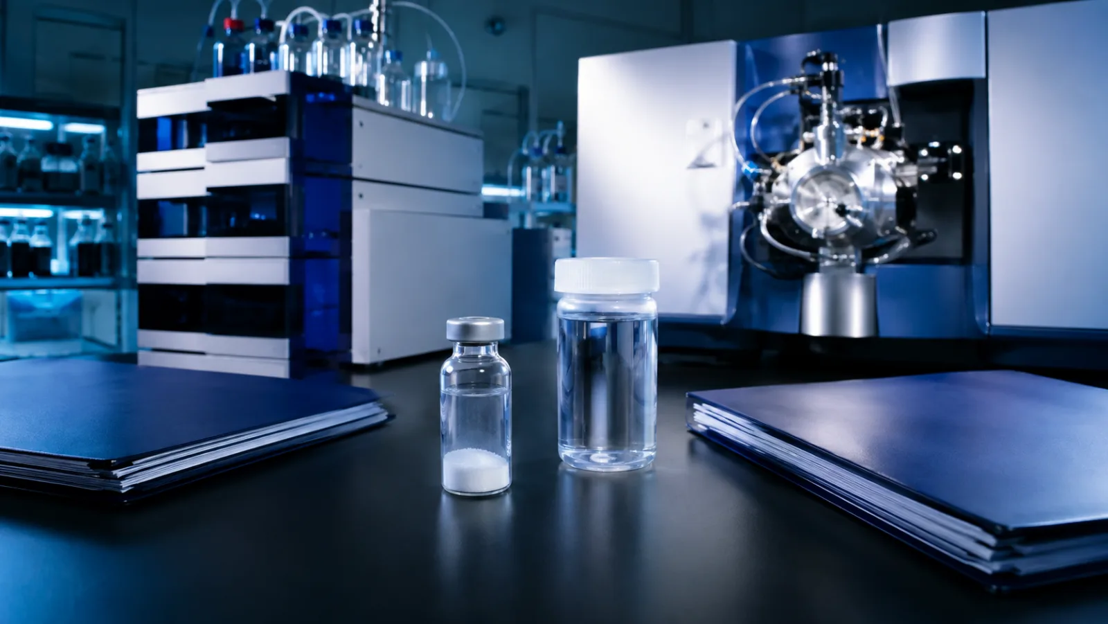 Independent analytical laboratory equipment reviewing an unlabeled research sample and documentation