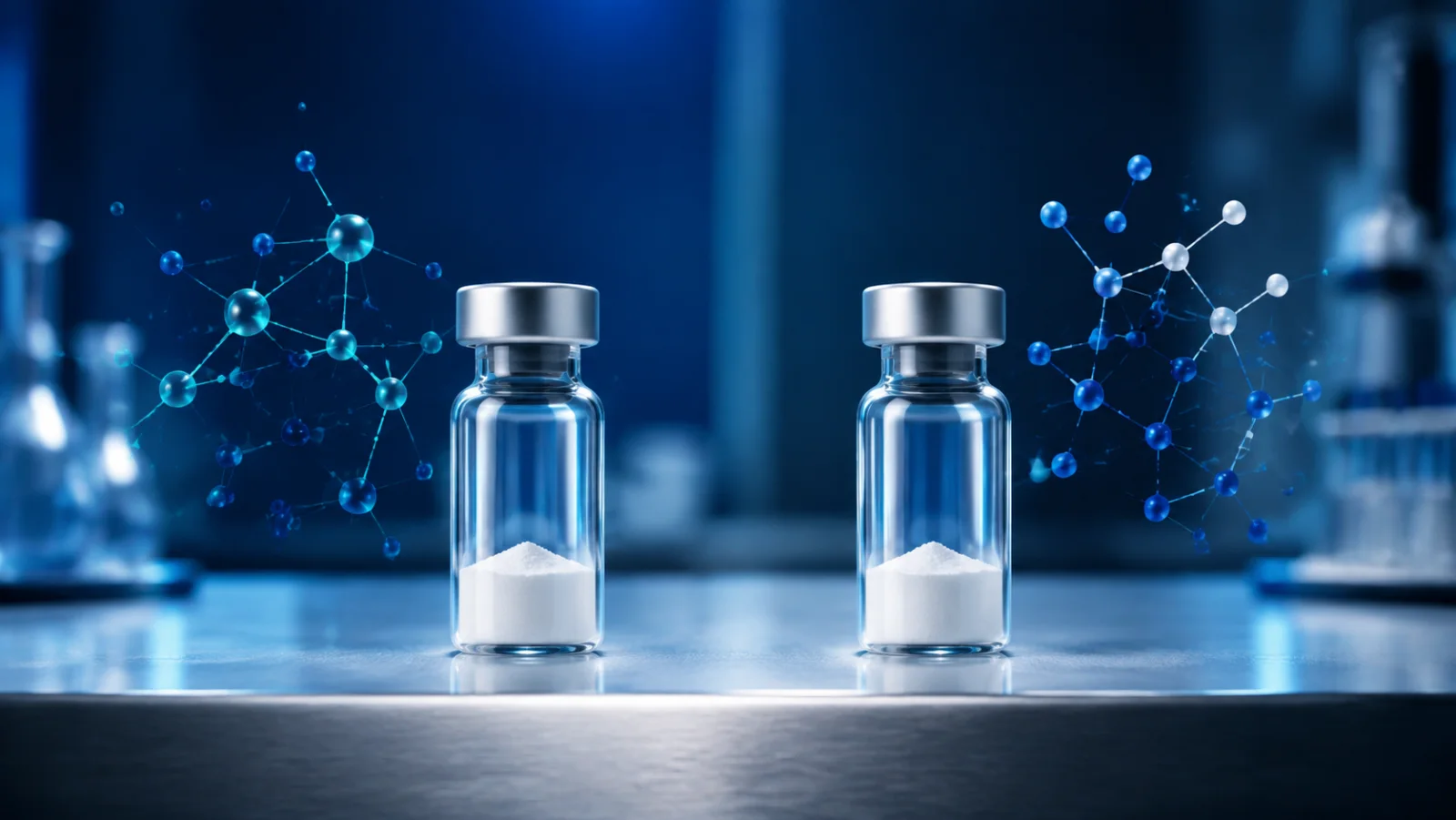 Two research vials arranged for a laboratory catalog comparison