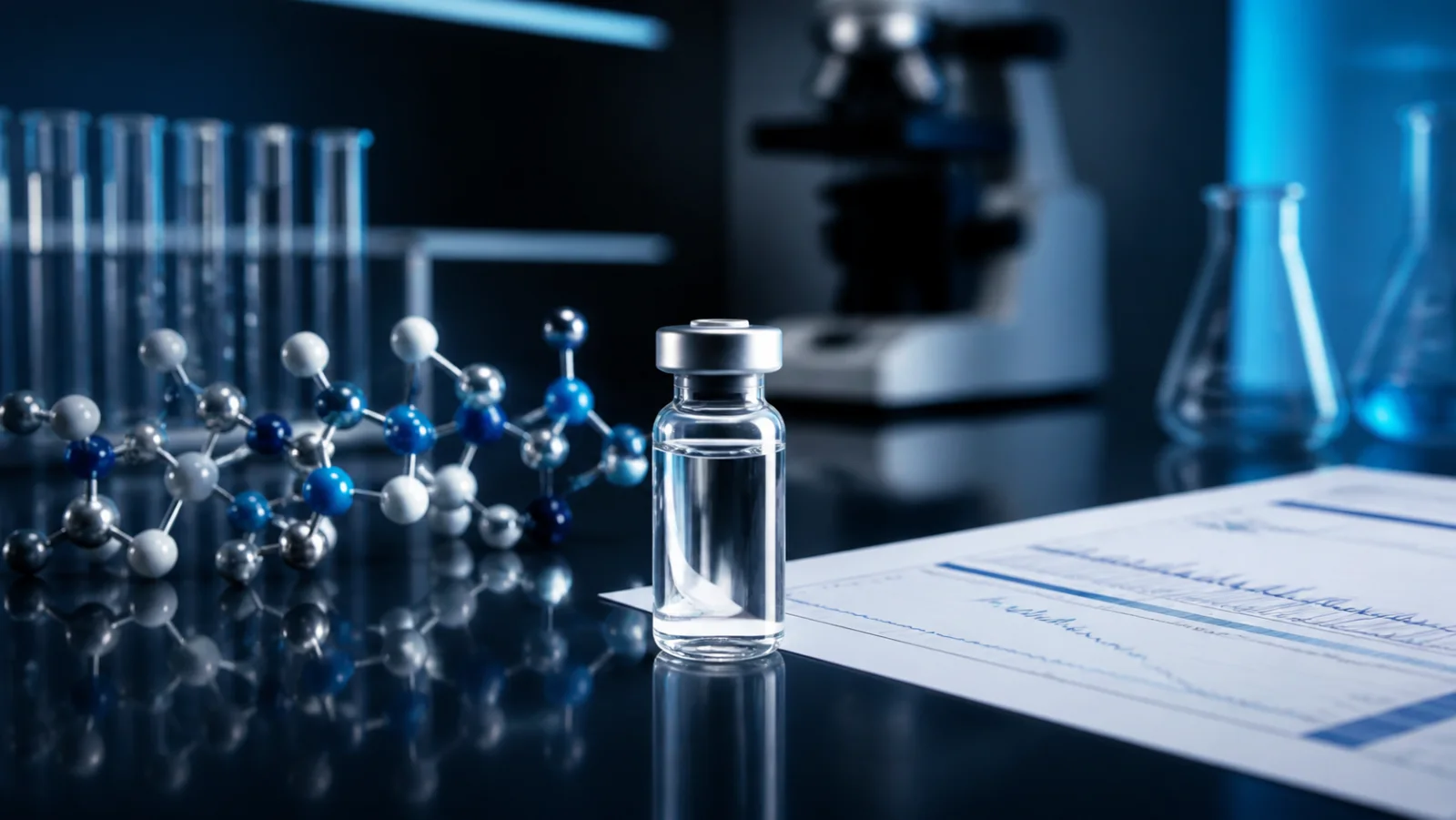 Research vial beside a peptide model and analytical report