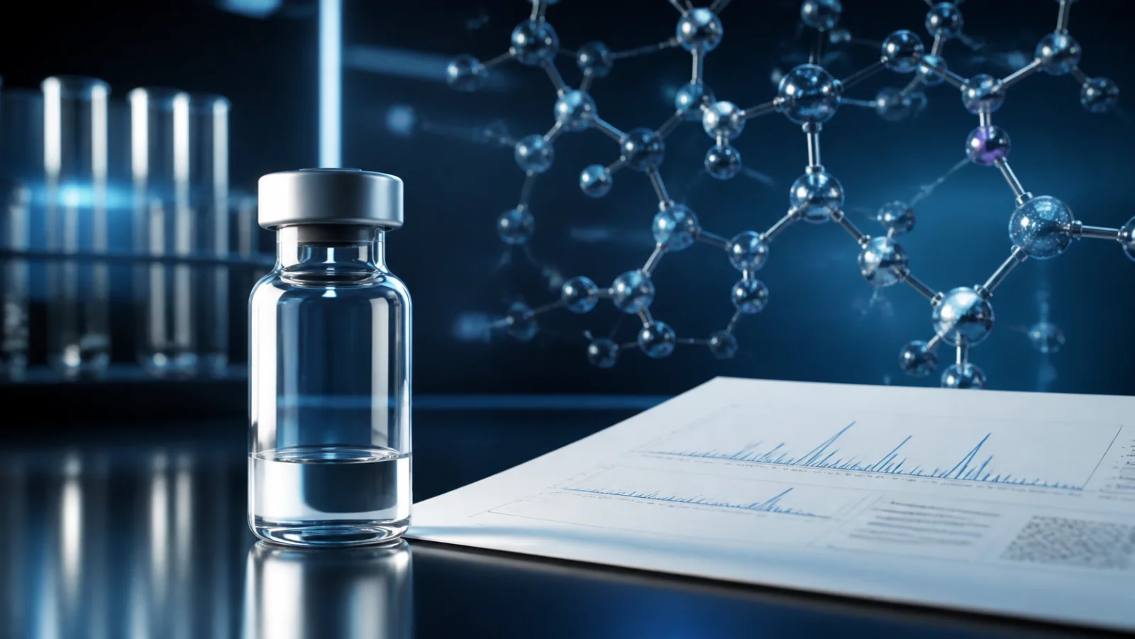 Research vial with analytical documentation and molecular model