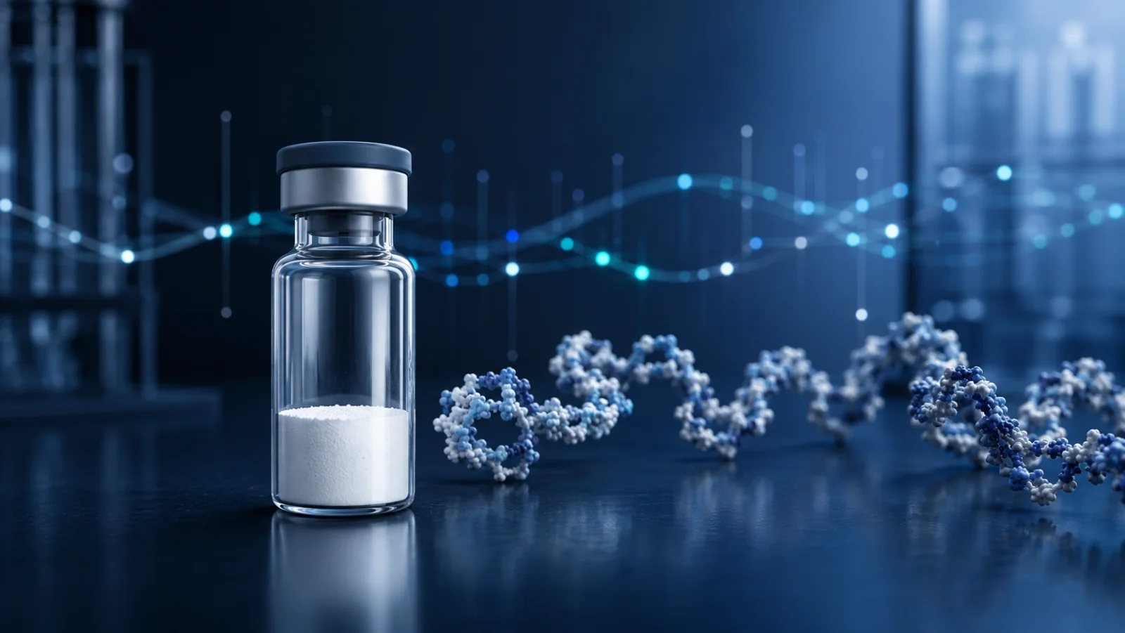 Research vial with folded peptide model and analytical record