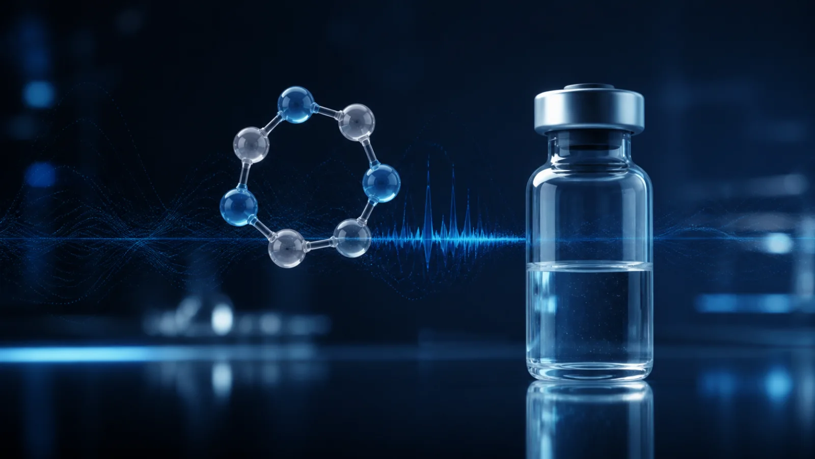Research vial with peptide motif and abstract spectral waves