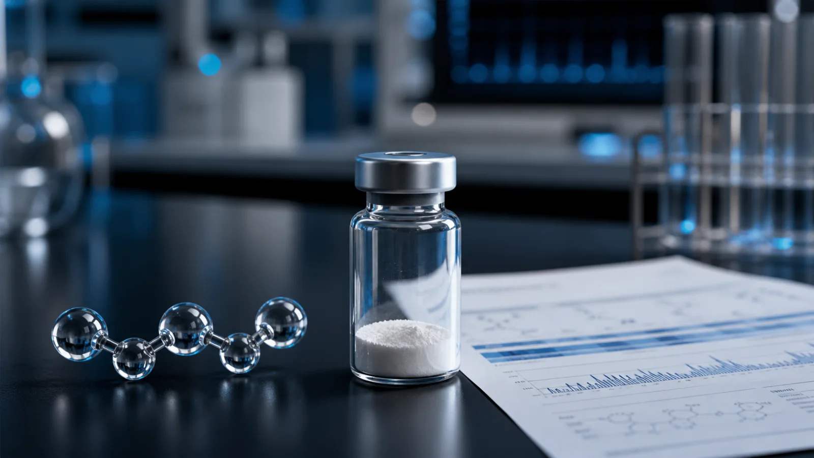 Research vial with four-unit peptide model and analytical record