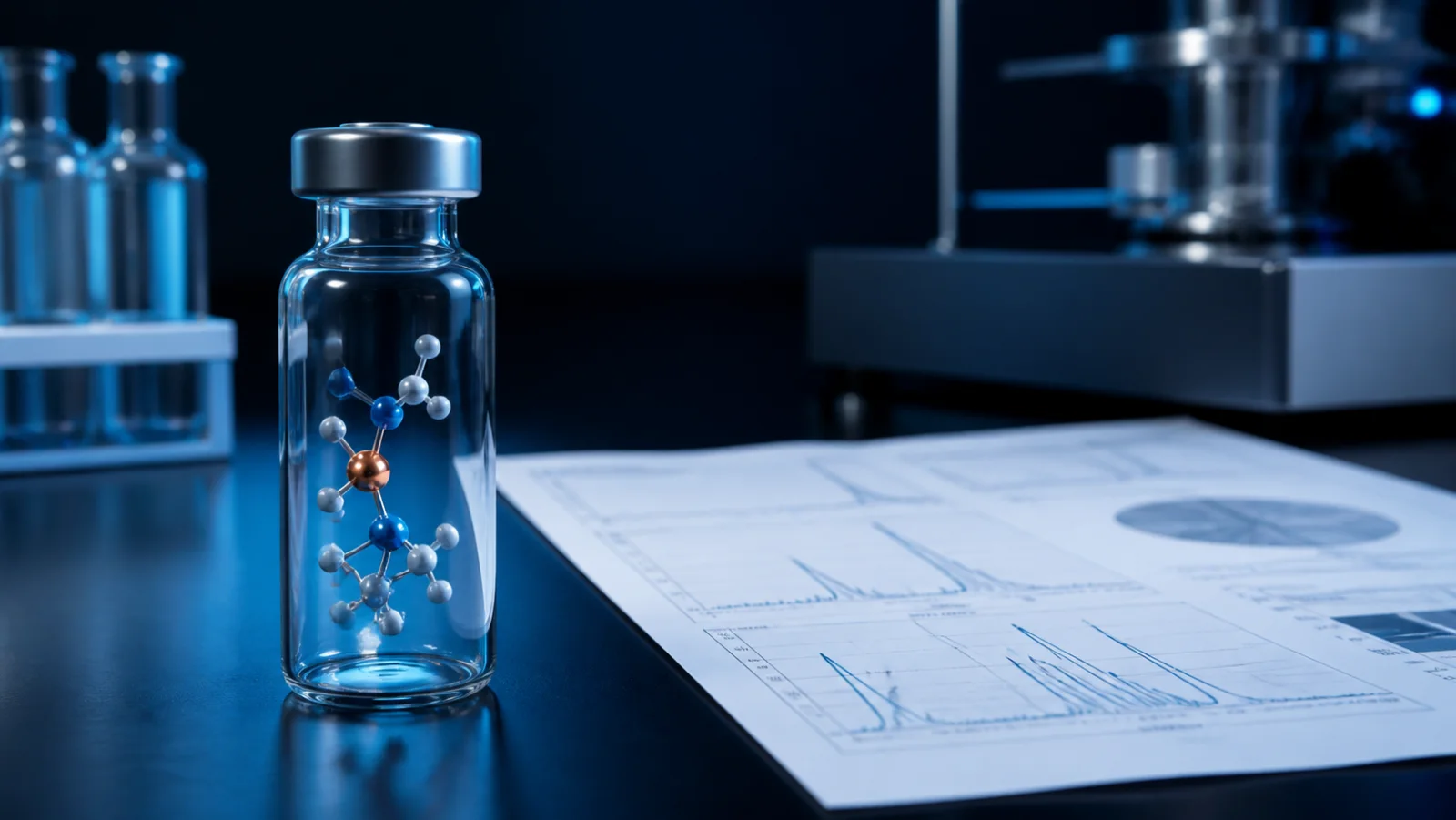 Research vial with peptide model and copper-colored molecular node