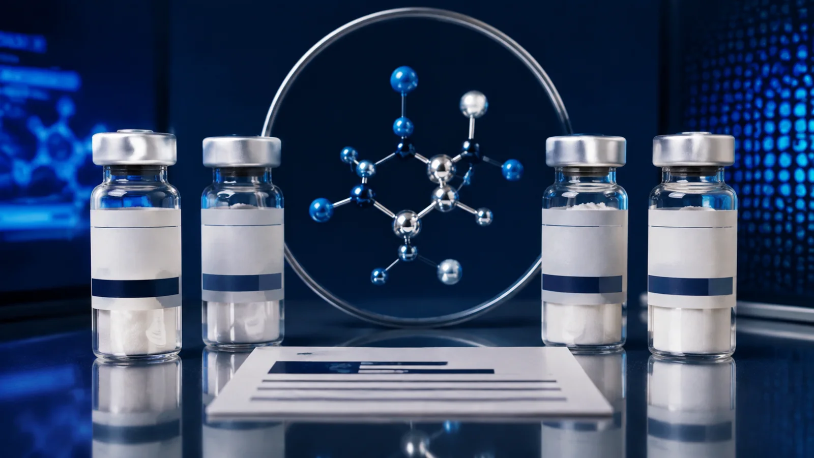 Four research vials arranged around a molecular diagram