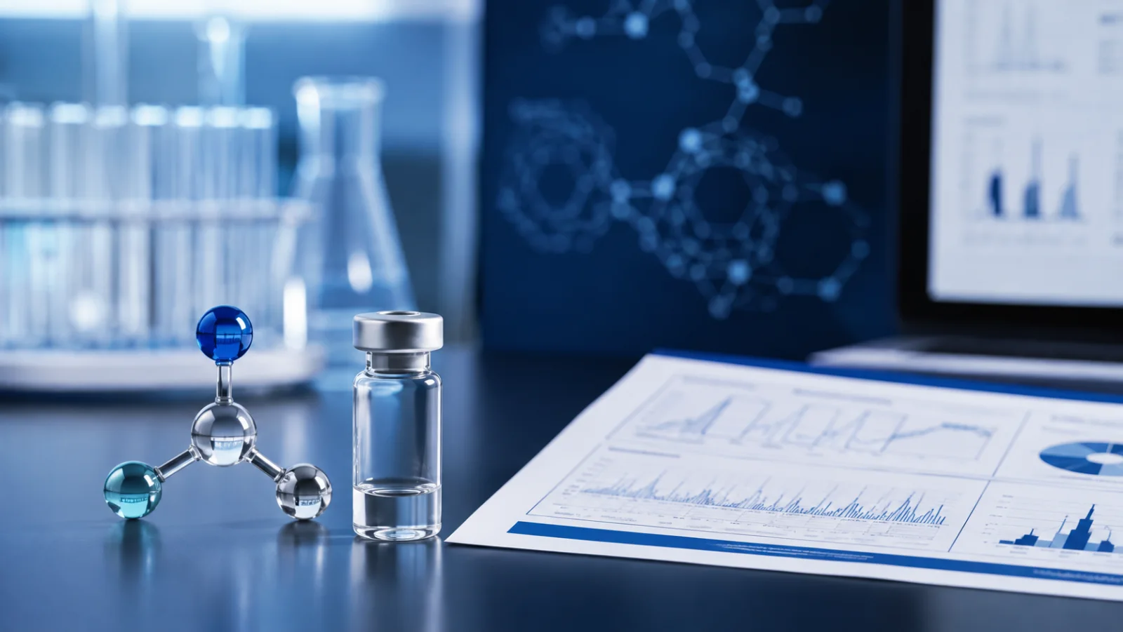Research vial with compact molecular motif and documentation