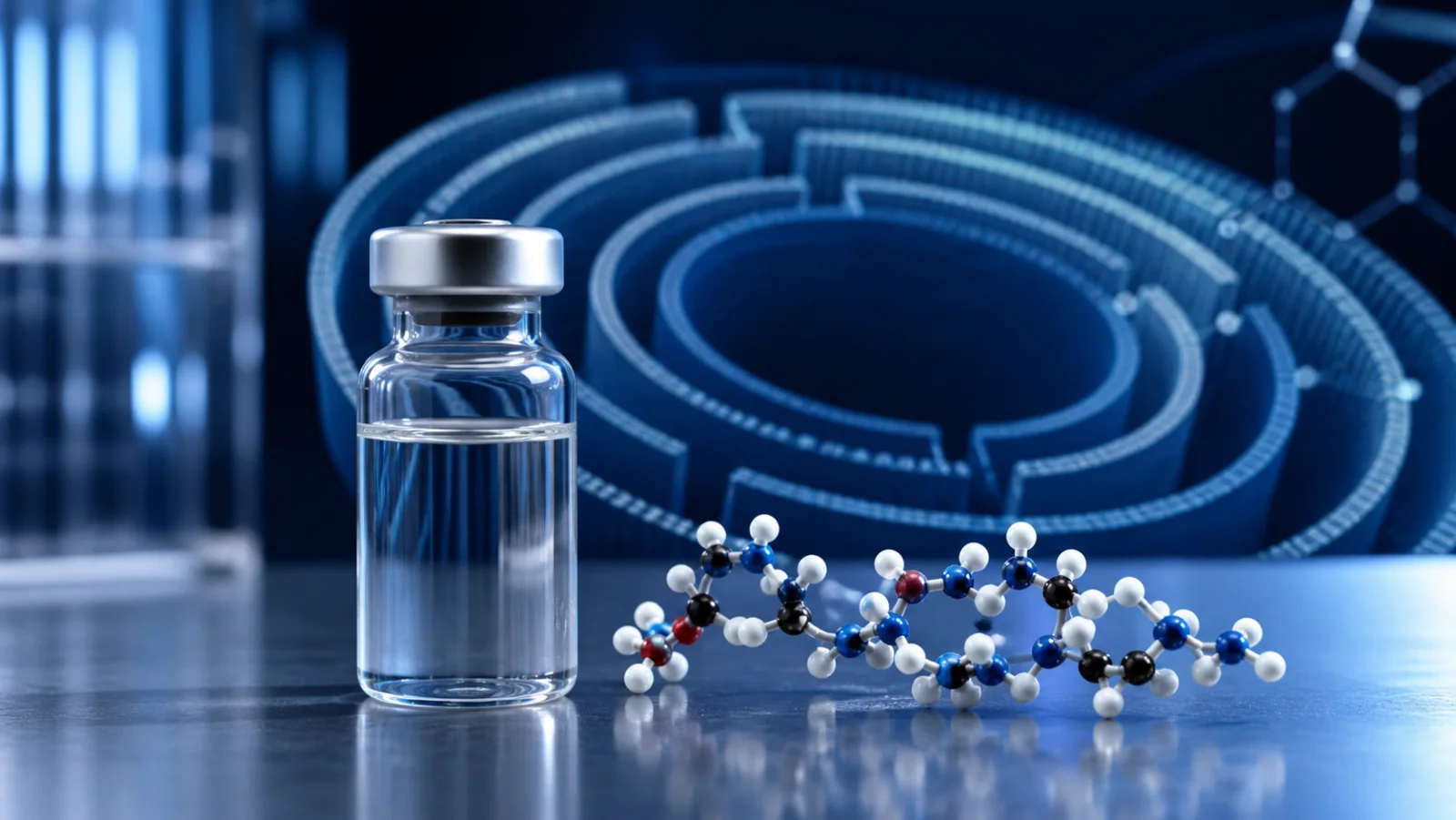 Research vial with peptide model and abstract membrane geometry