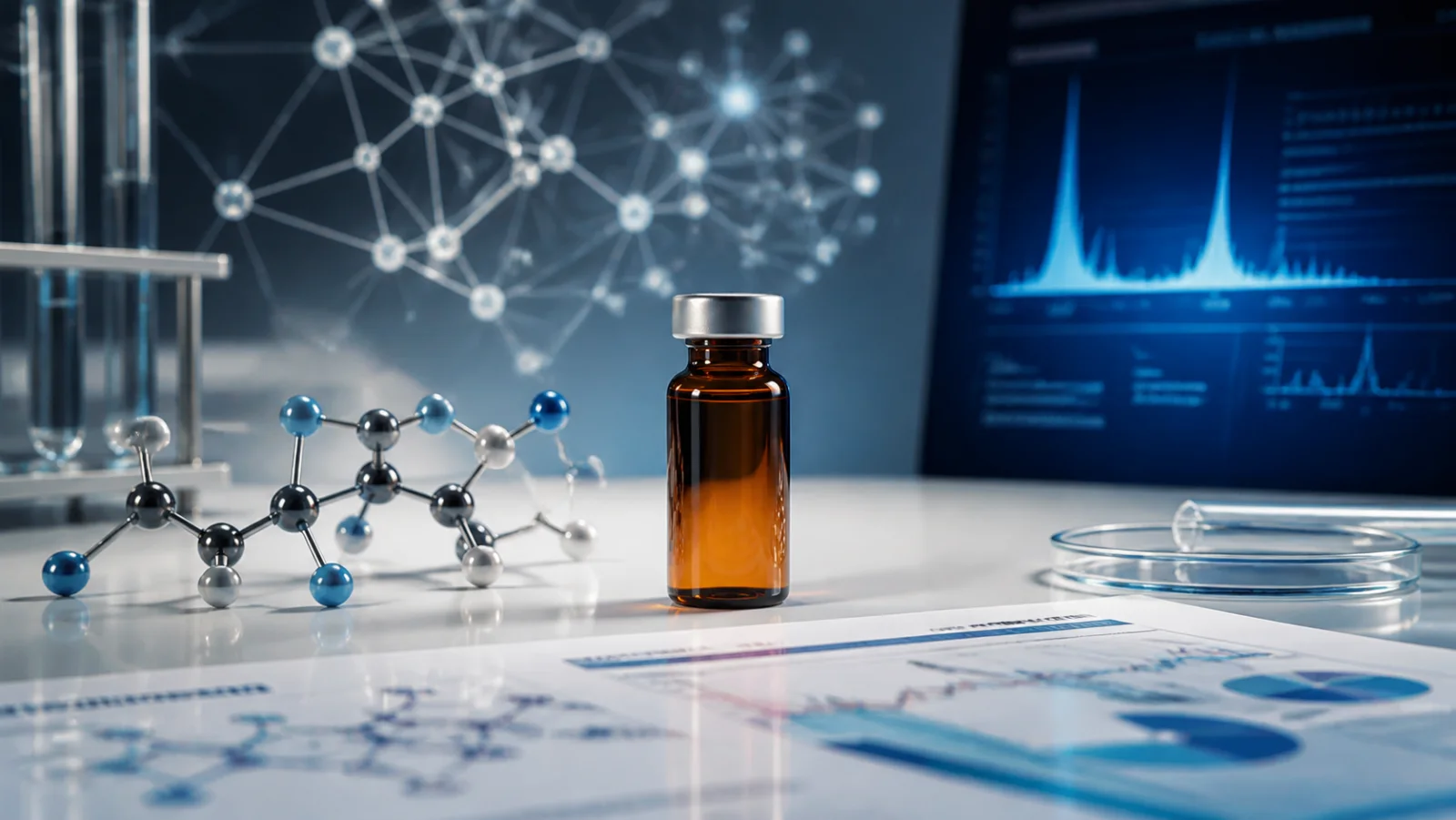 Amber research vial with molecular geometry and spectral lines
