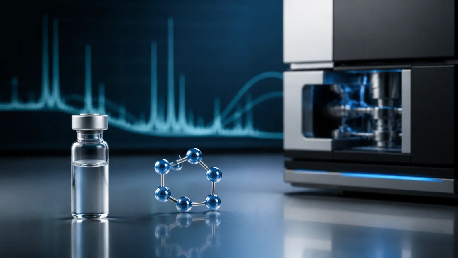 Research vial with peptide geometry and spectral analysis