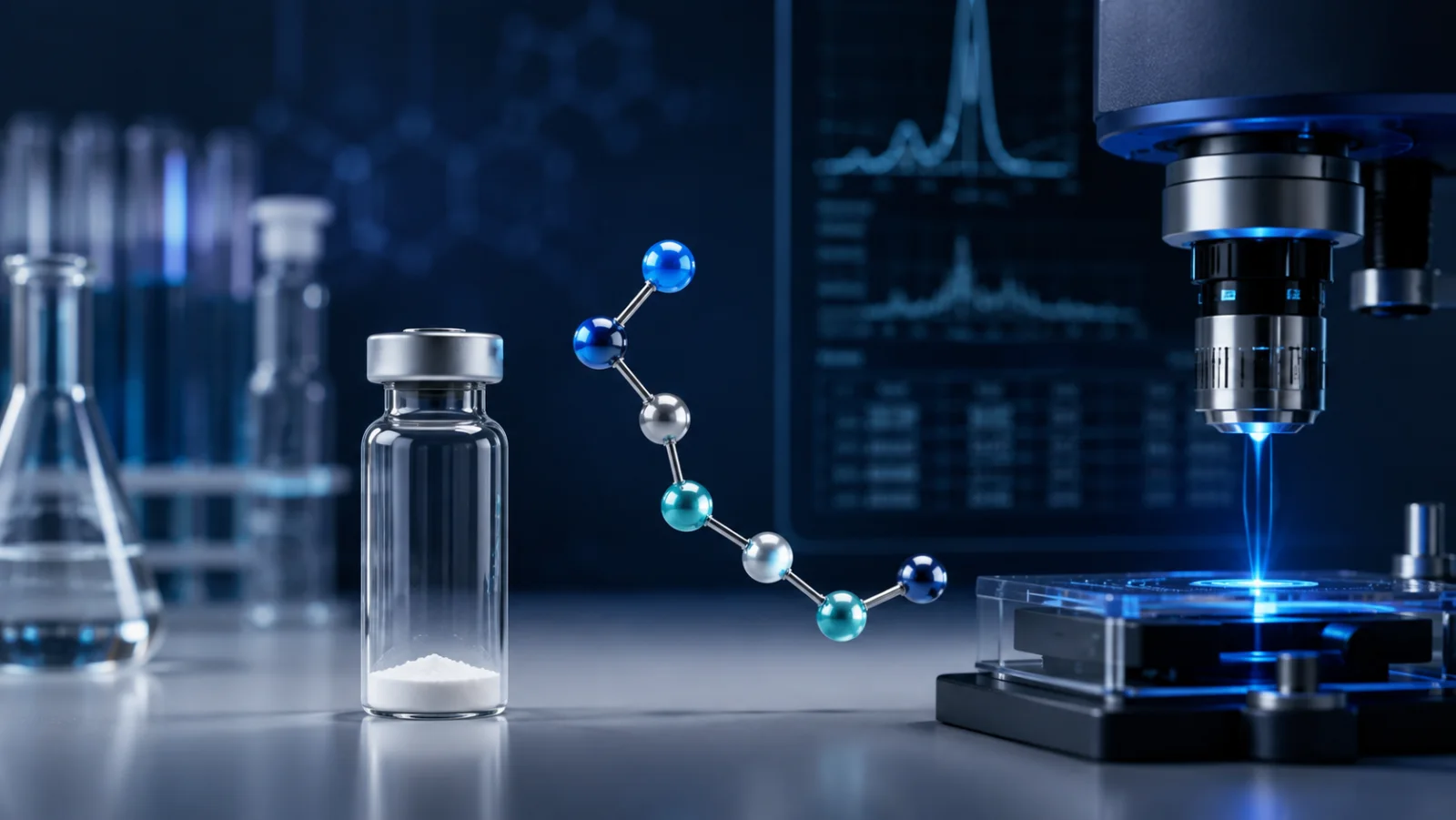 Research vial with peptide motif and analytical optics