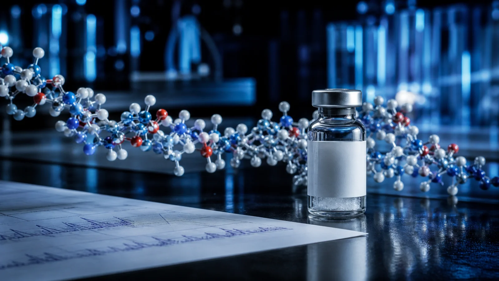 Research vial with peptide-chain model and analytical report