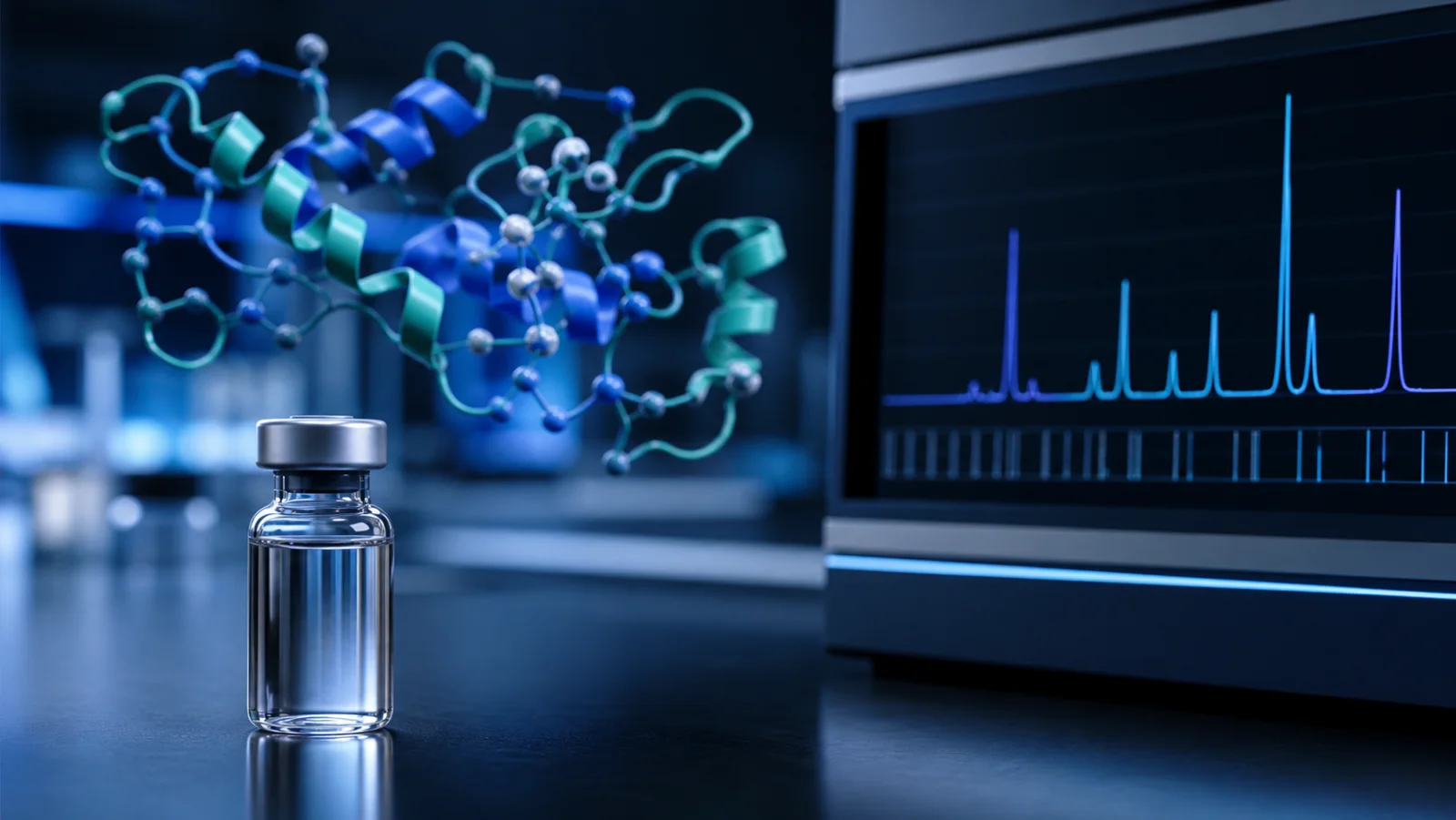 Research vial with extended peptide model and analytical traces