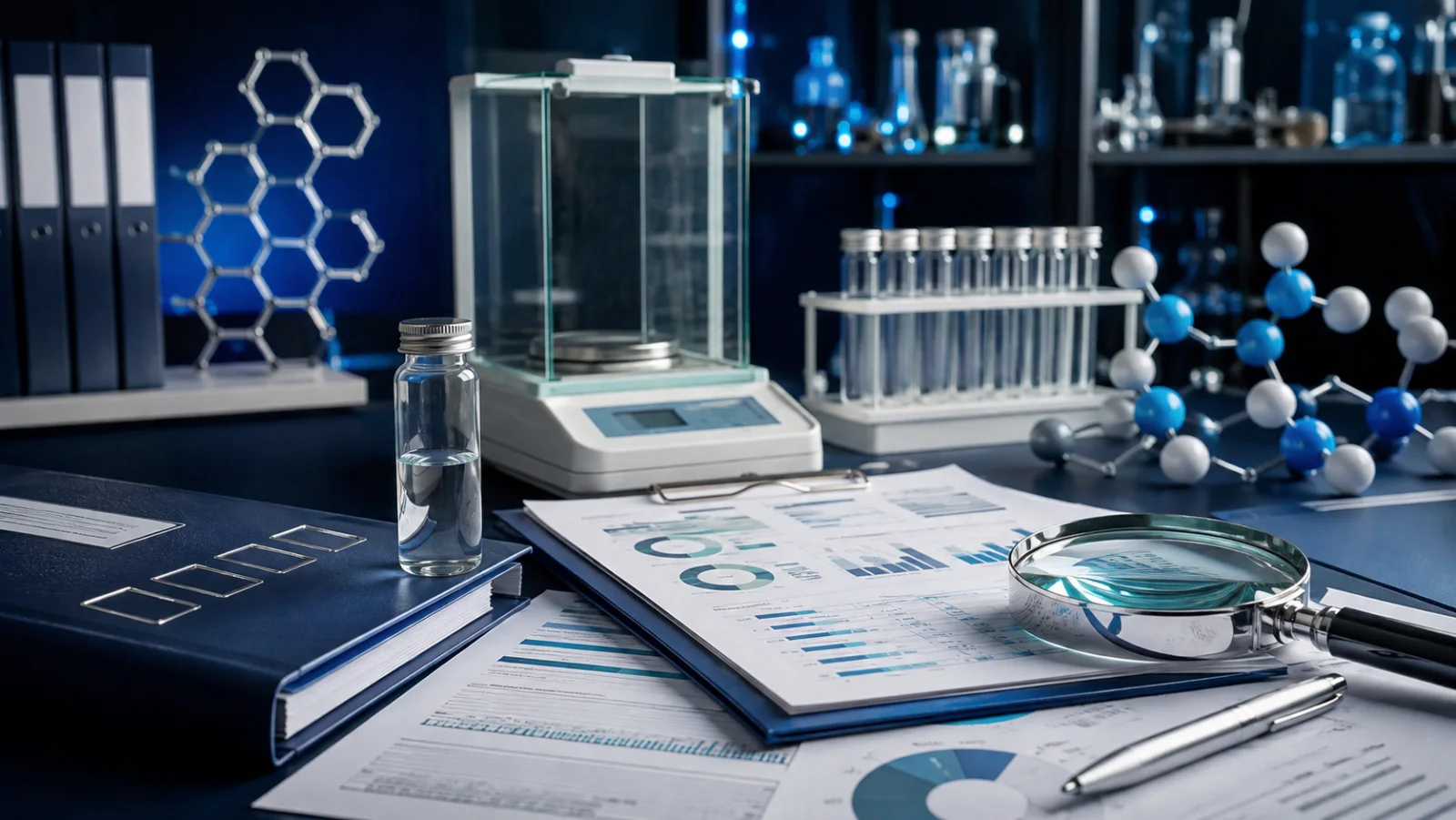 Laboratory product review station with records and instruments