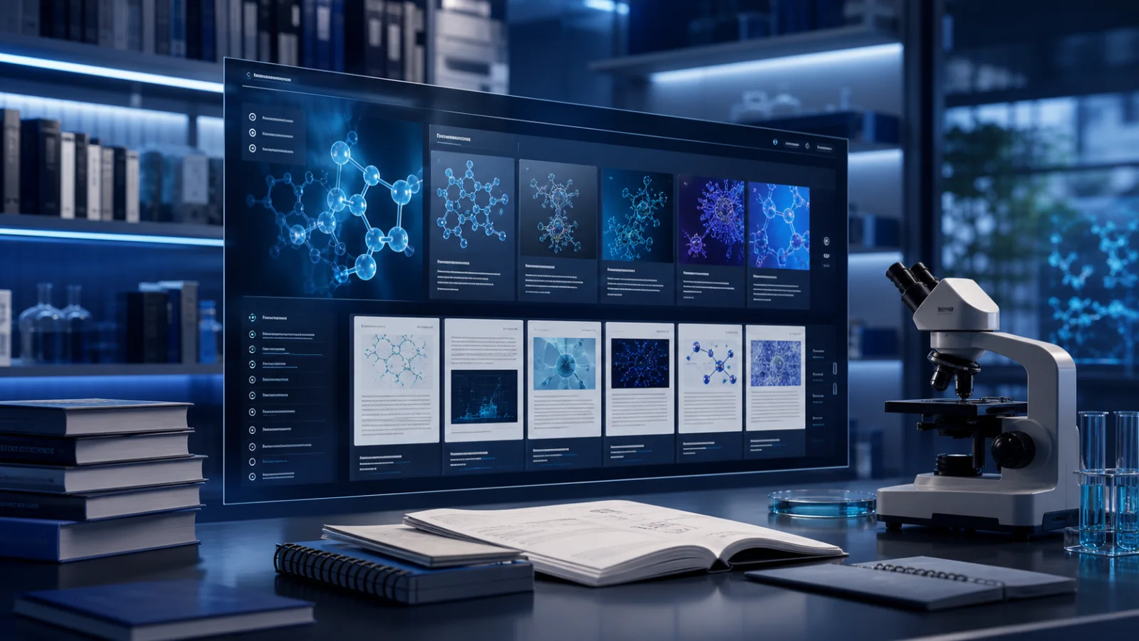 Digital research library with laboratory notebooks and microscope
