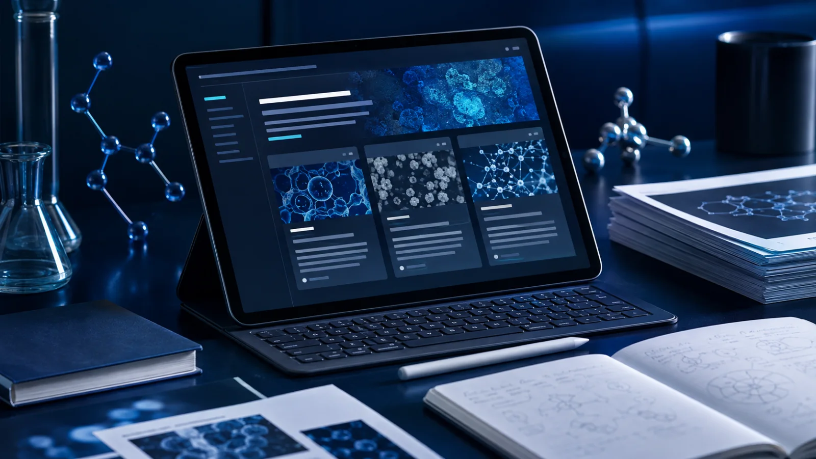 Digital research digest with laboratory article cards and notebook