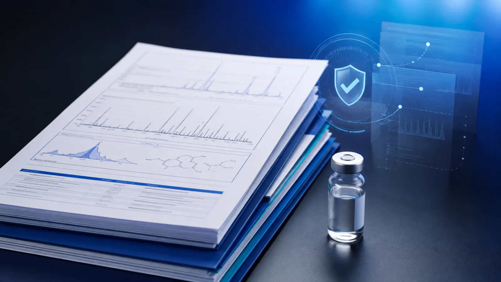 Laboratory documentation with analytical graphs and a research vial