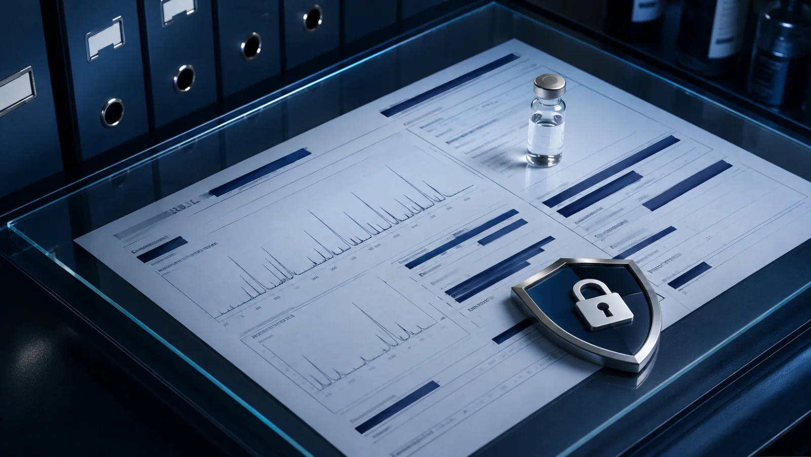 Laboratory report with privacy redactions and analytical traces