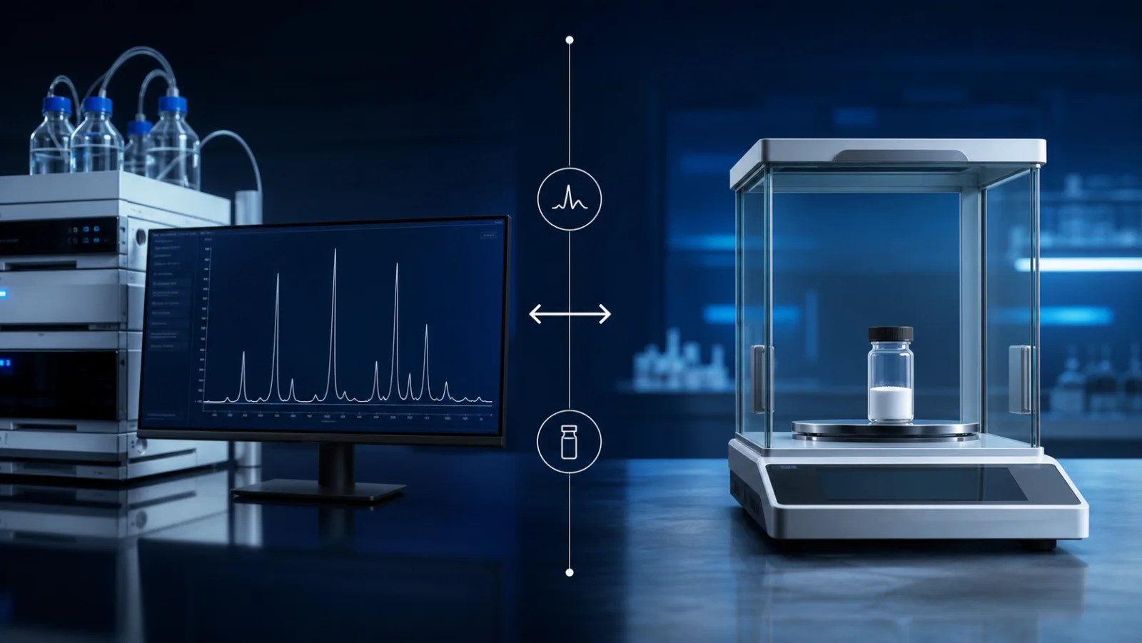 Chromatogram and analytical balance representing two measurements