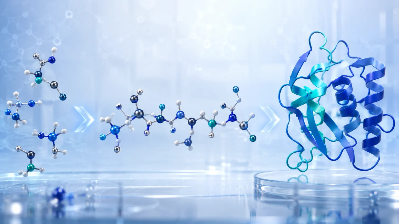 Abstract amino-acid building blocks progressing into a peptide chain and folded protein structure