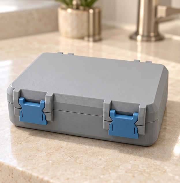 SnapLock Complete Organizer Case — closed view in gray and blue; AI-generated visualization