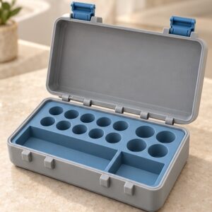 SnapLock Complete Organizer Case — open view in gray and blue; AI-generated visualization