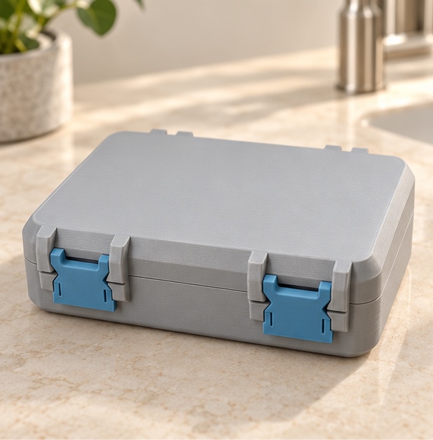 SnapLock Home Organizer Case — closed view in gray and blue; AI-generated visualization