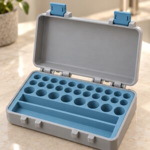 SnapLock Home Organizer Case — open view in gray and blue; AI-generated visualization