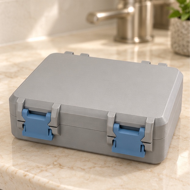 SnapLock 6-Vial Supply Case — closed view in gray and blue; AI-generated visualization