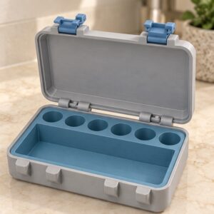 SnapLock 6-Vial Supply Case — open view in gray and blue; AI-generated visualization