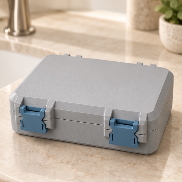 SnapLock 10-Vial Supply Case — closed view in gray and blue; AI-generated visualization