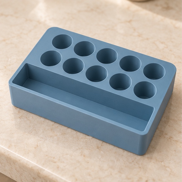 SnapLock 10-Vial Supply Case — insert view in gray and blue; AI-generated visualization