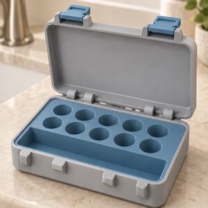 SnapLock 10-Vial Supply Case — open view in gray and blue; AI-generated visualization
