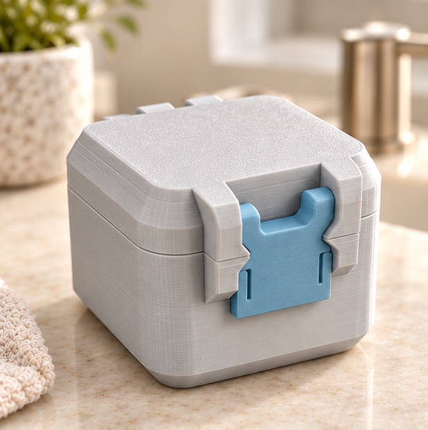 SnapLock Mixed Mini Case — closed view in gray and blue; AI-generated visualization