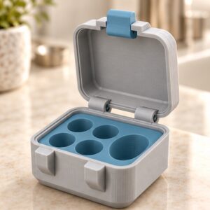 SnapLock Mixed Mini Case — open view in gray and blue; AI-generated visualization