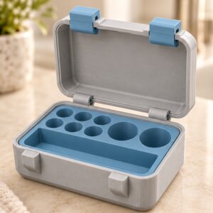 SnapLock Mixed Travel Case — open view in gray and blue; AI-generated visualization