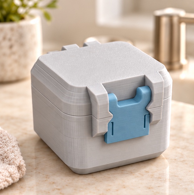 SnapLock 2-Vial Compact Case — closed view in gray and blue; AI-generated visualization