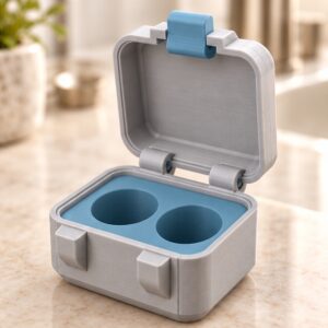 SnapLock 2-Vial Compact Case — open view in gray and blue; AI-generated visualization