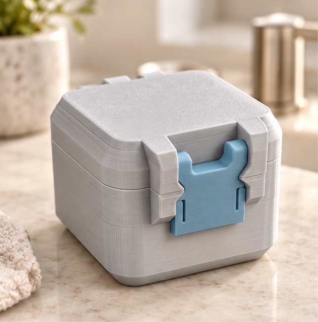 SnapLock 4-Vial Compact Case — closed view in gray and blue; AI-generated visualization