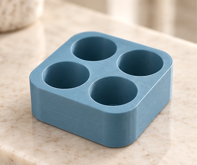 SnapLock 4-Vial Compact Case — insert view in gray and blue; AI-generated visualization