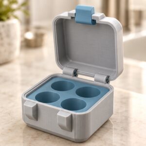 SnapLock 4-Vial Compact Case — open view in gray and blue; AI-generated visualization