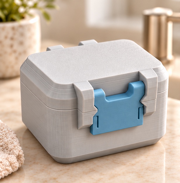 SnapLock 6-Vial Compact Case — closed view in gray and blue; AI-generated visualization